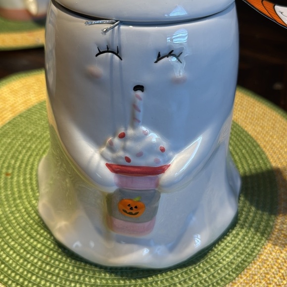 White cute Halloween Ghost Ceramic cookie Jar with Straw Design - Picture 6 of 6